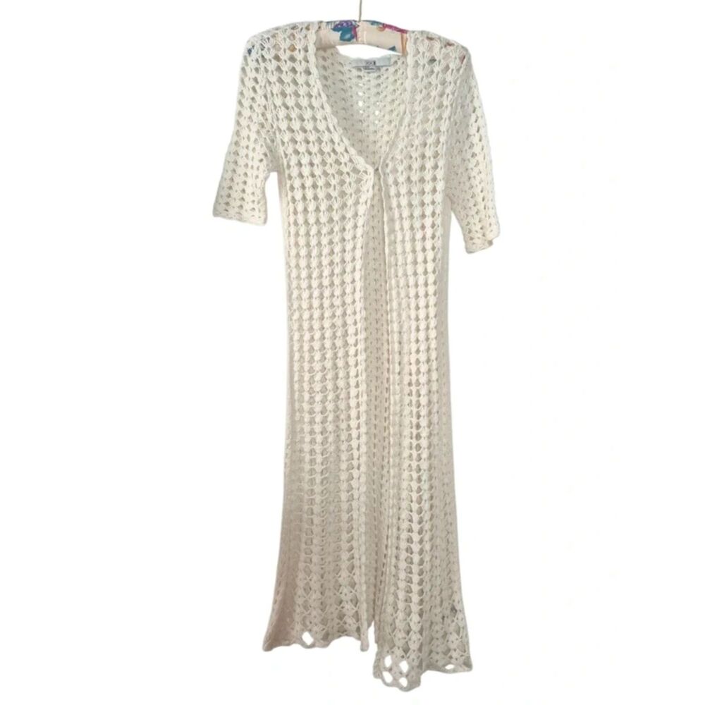 Forever 21 XXI Cream Crochet Open Front Maxi Duster Cardigan Cover-Up Size M